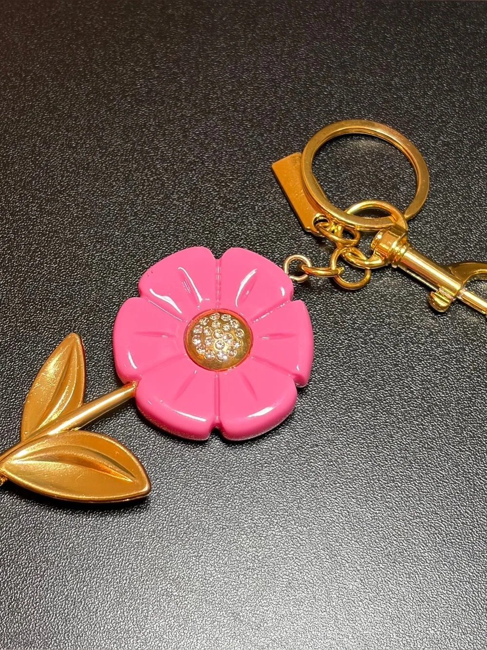 Pink Flower Keychain with Gold Stem and Crystal Center